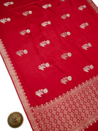 Red Sona Roopa Zari Boota Satin Silk Handloom Banarasi Saree - Sacred Weaves