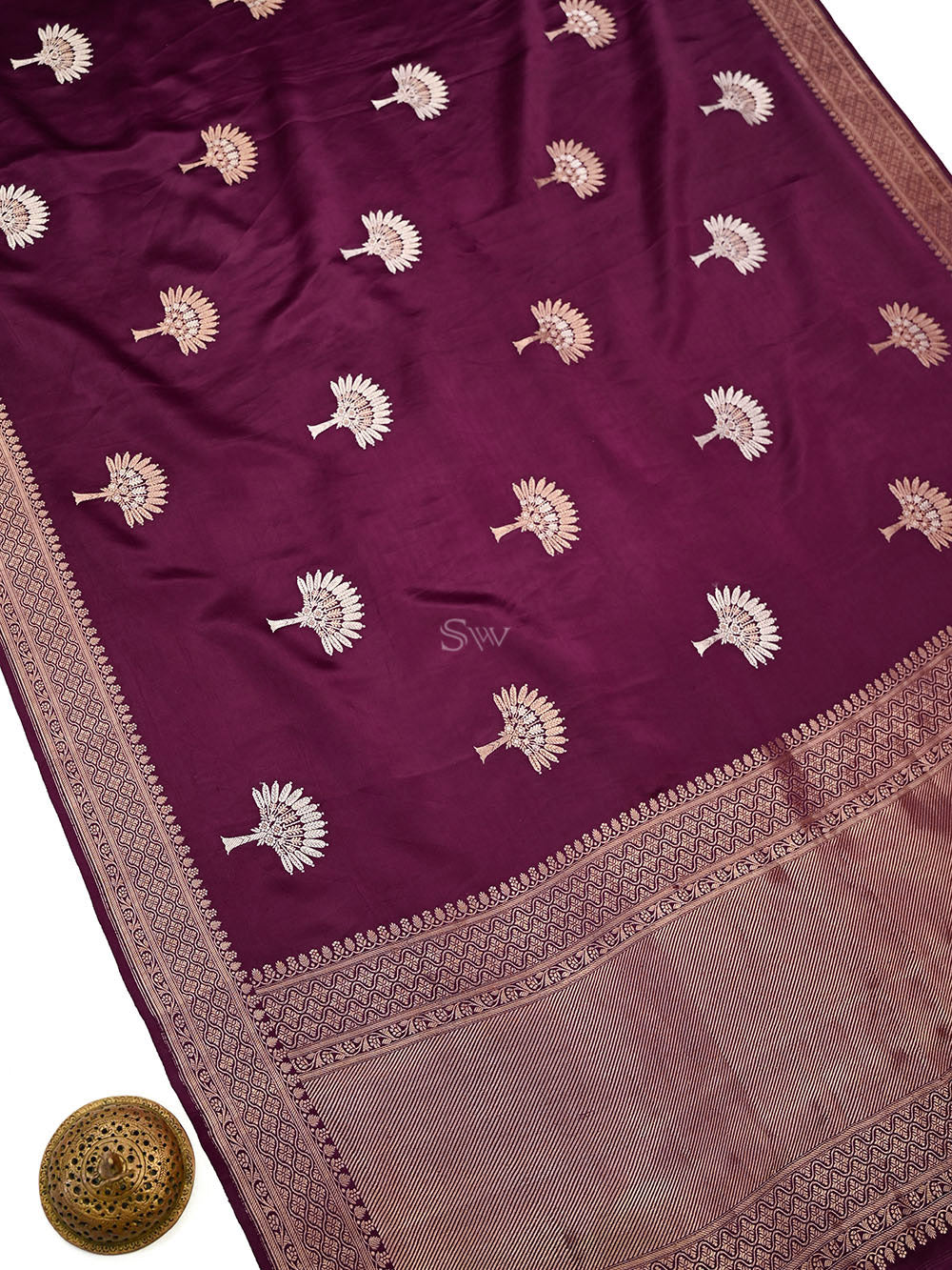 Wine Sona Roopa Zari Boota Satin Silk Handloom Banarasi Saree - Sacred Weaves