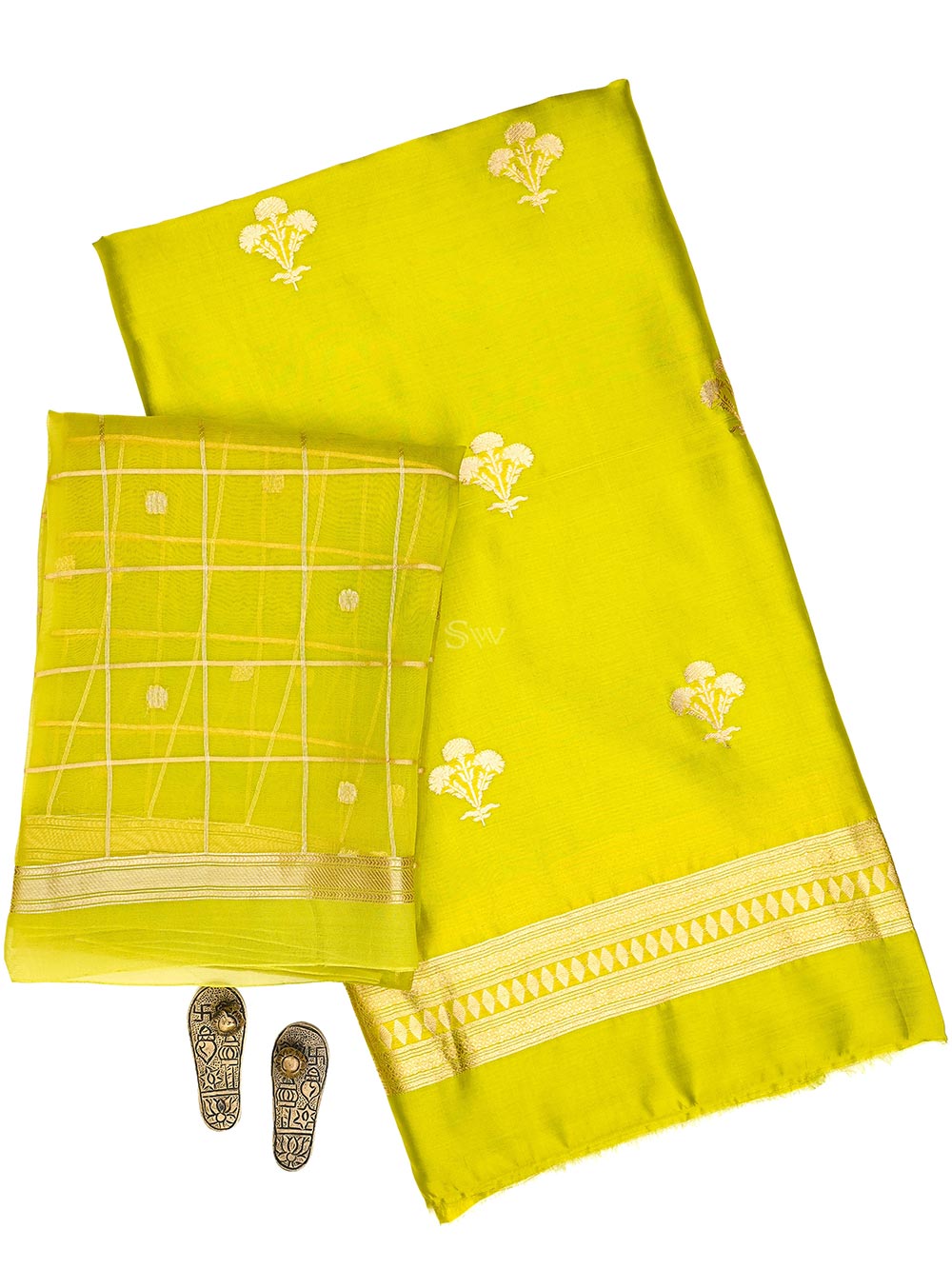 Lime Green Booti Katan Silk Handloom Banarasi Suit