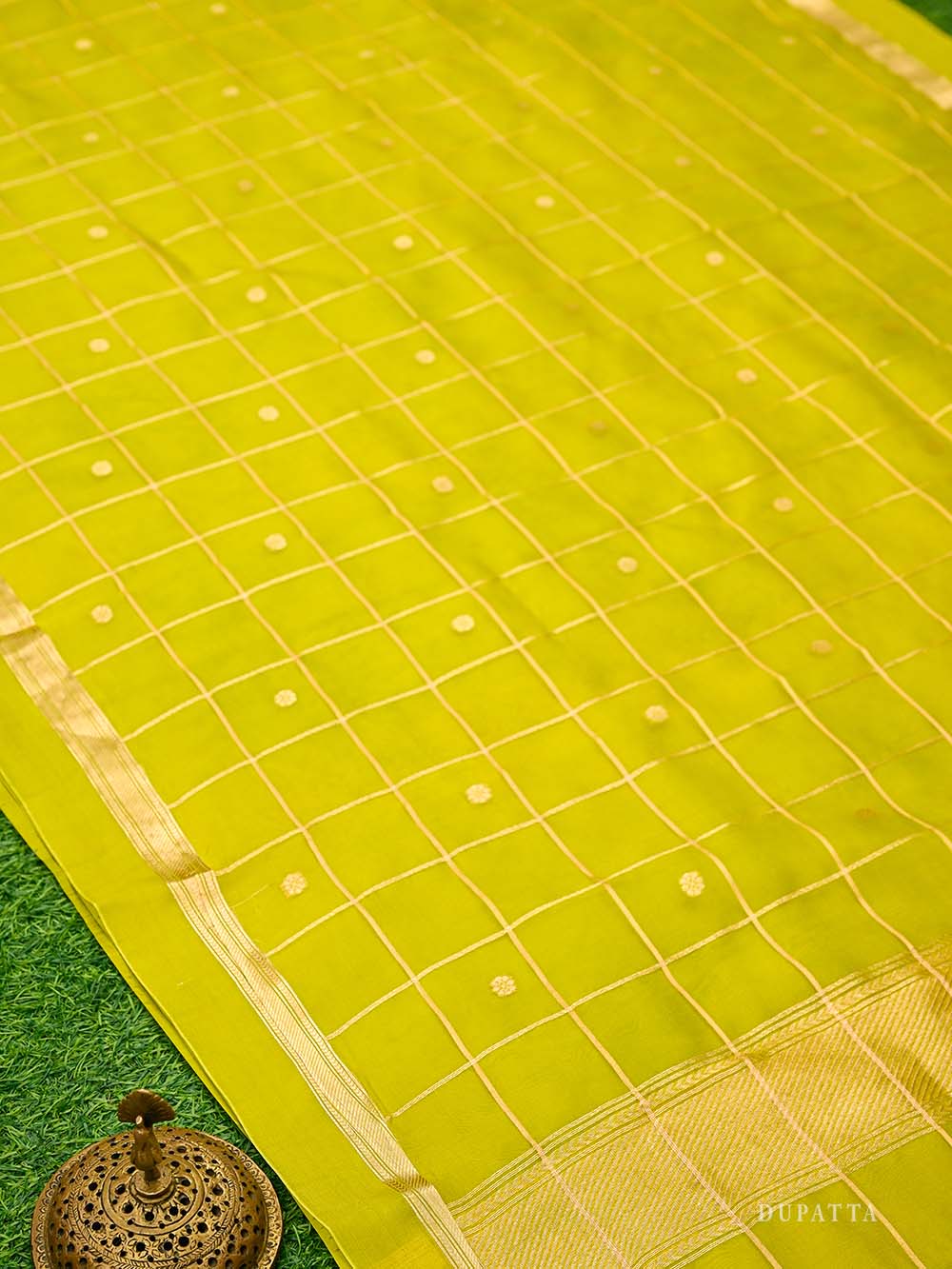 Lime Green Booti Katan Silk Handloom Banarasi Suit