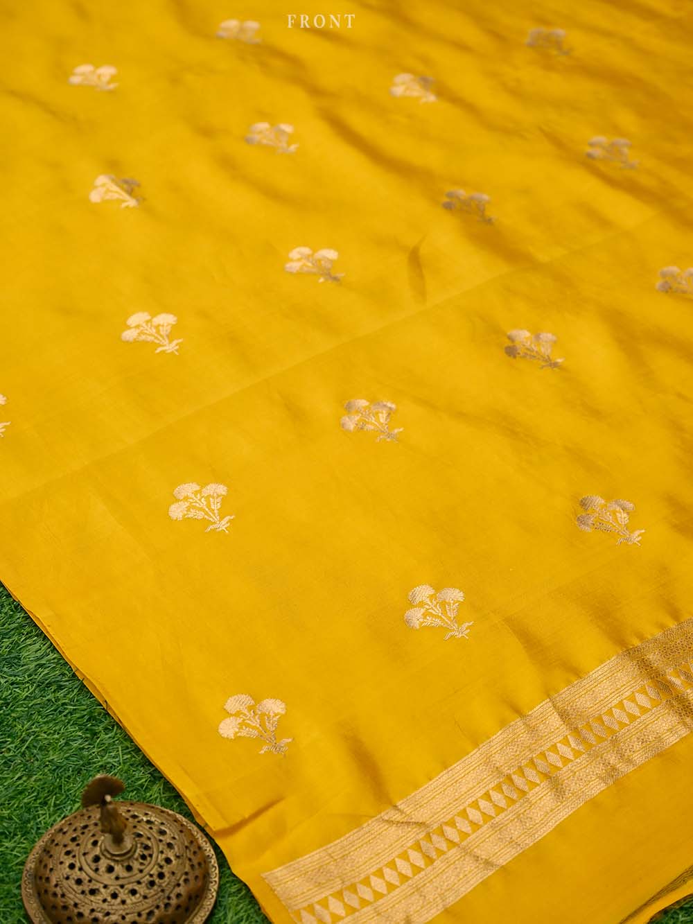 Yellow Booti Katan Silk Handloom Banarasi Suit