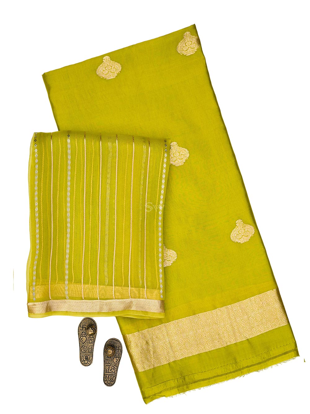 Lime Green Booti Katan Silk Handloom Banarasi Suit