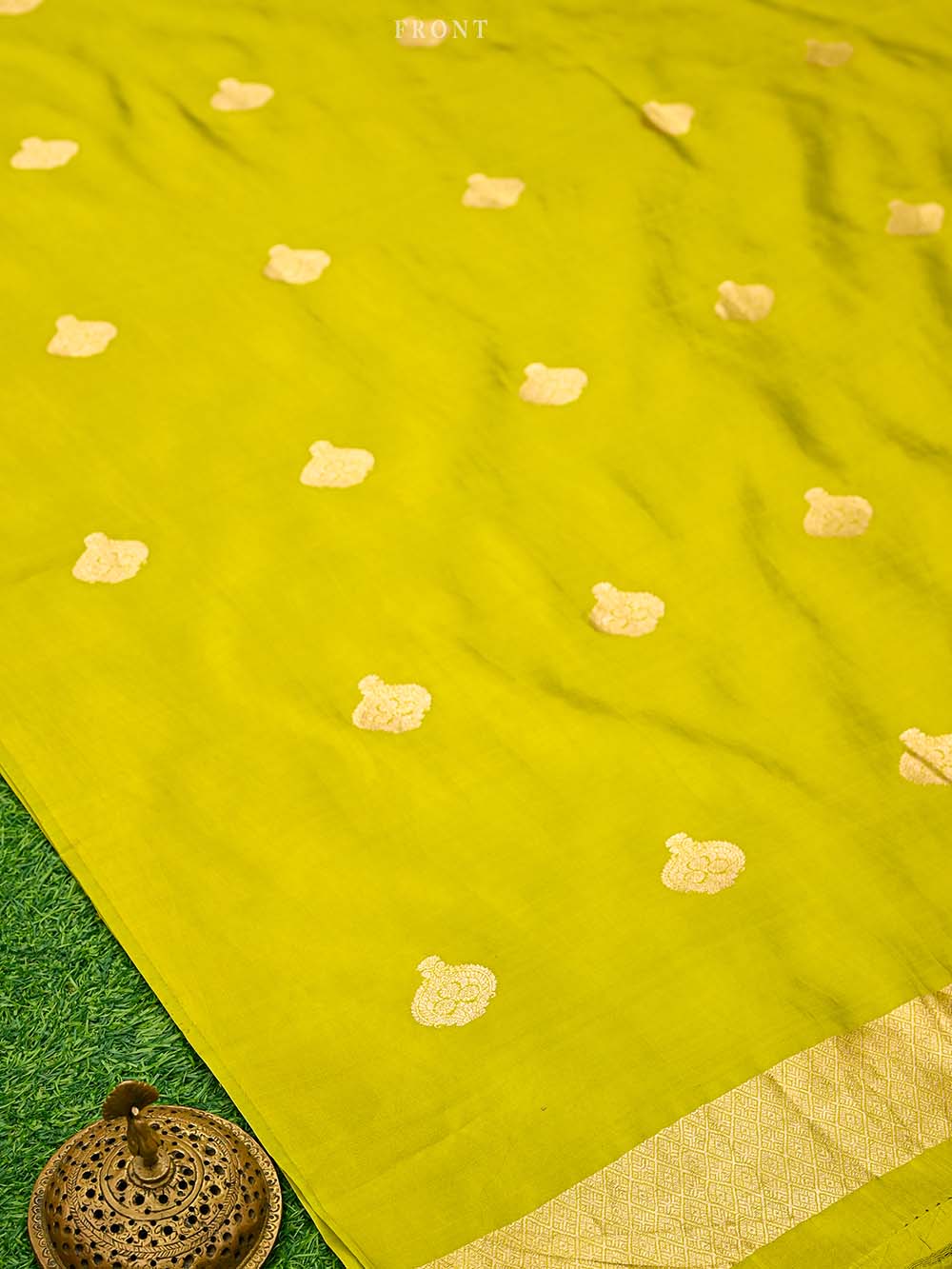 Lime Green Booti Katan Silk Handloom Banarasi Suit