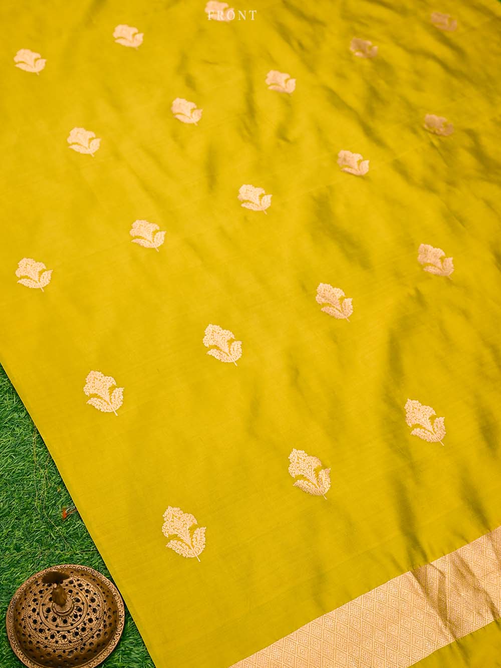 Lime Green Booti Katan Silk Handloom Banarasi Suit - Sacred Weaves