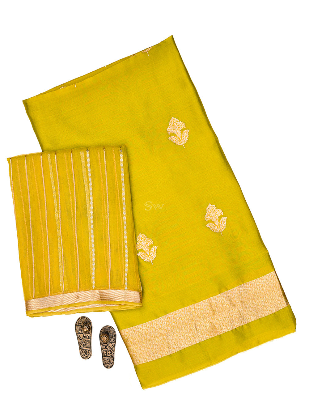 Lime Green Booti Katan Silk Handloom Banarasi Suit - Sacred Weaves