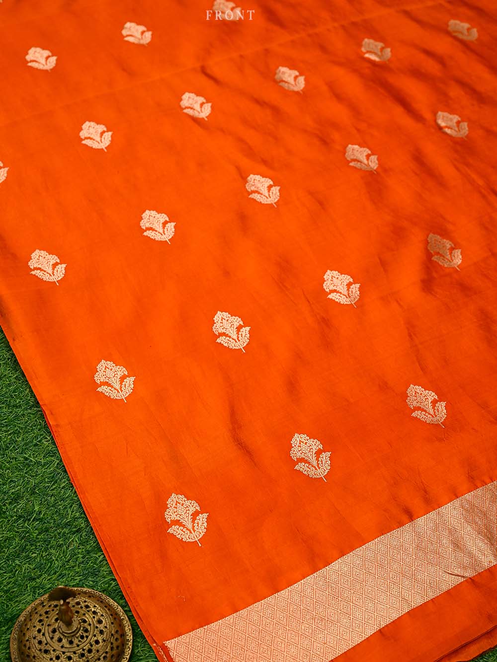 Dark Orange Booti Katan Silk Handloom Banarasi Suit