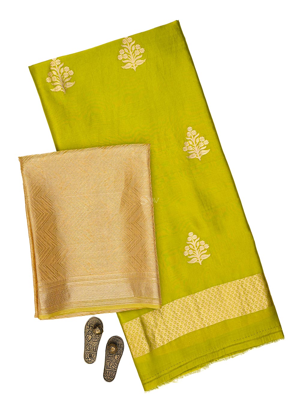 Lime Green Booti Katan Silk Handloom Banarasi Suit