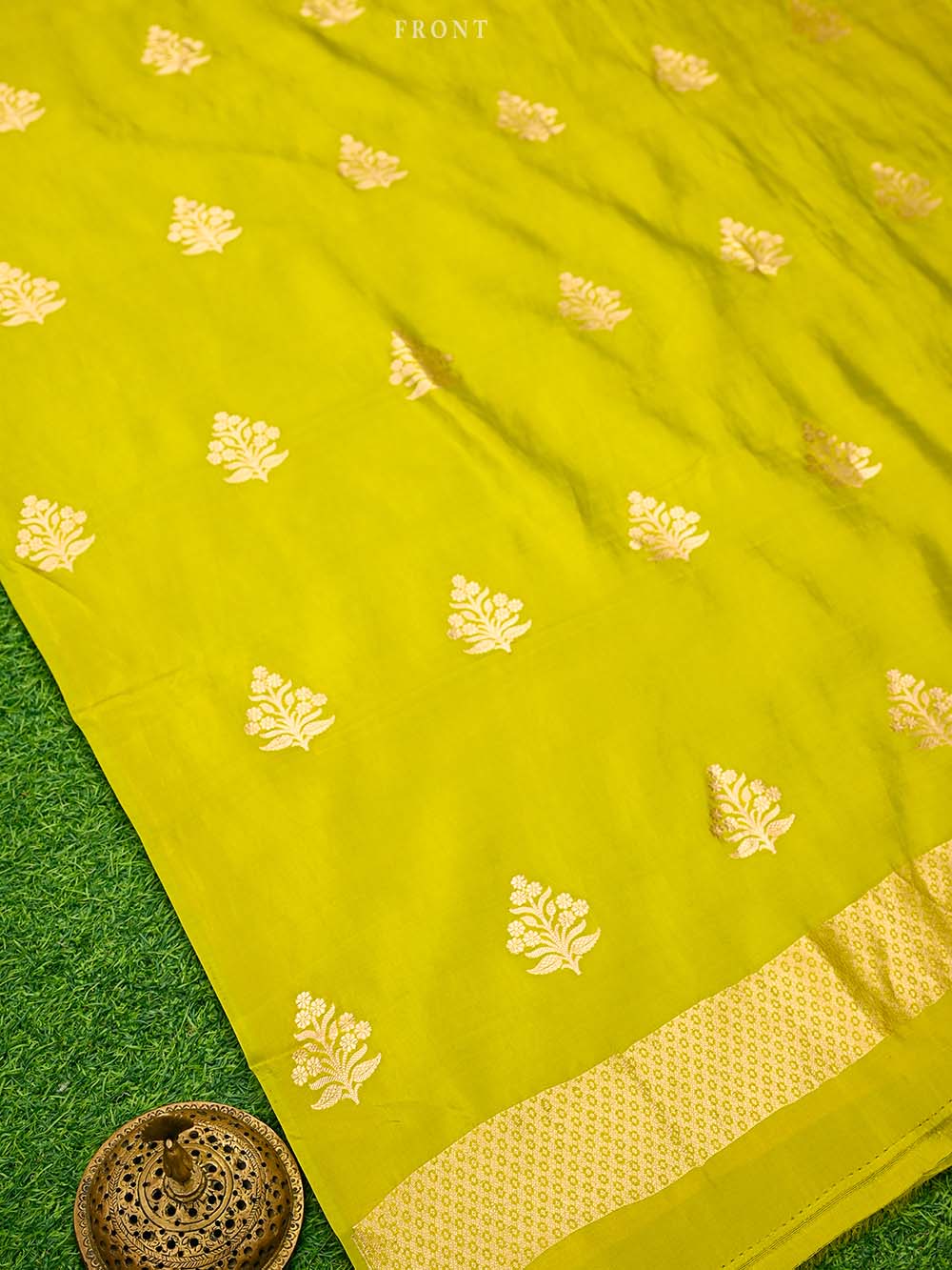 Lime Green Booti Katan Silk Handloom Banarasi Suit