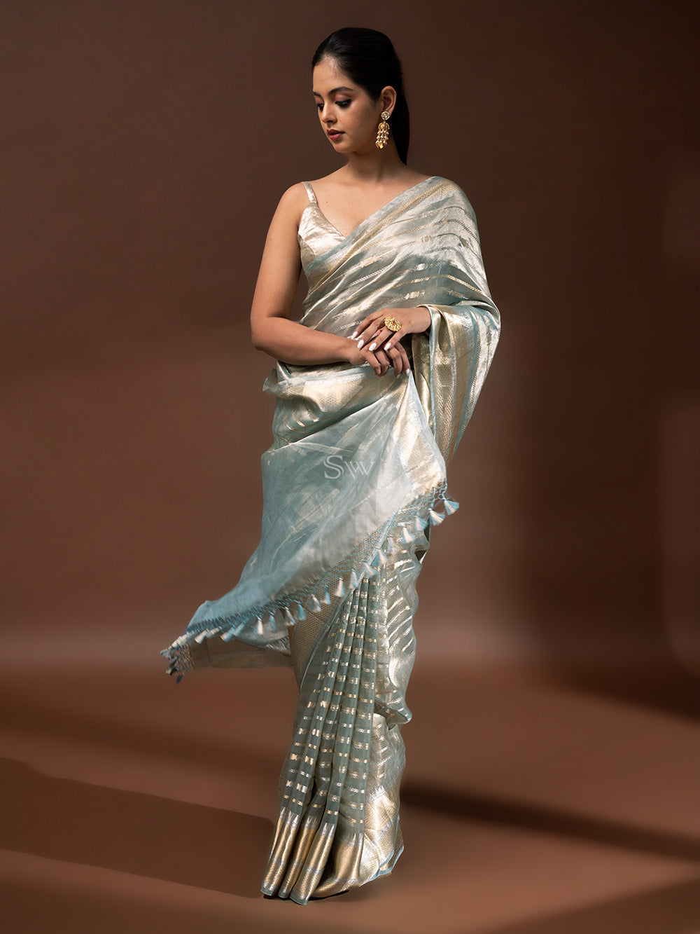 Sea Green Tissue Handloom Banarasi Saree - Sacred Weaves