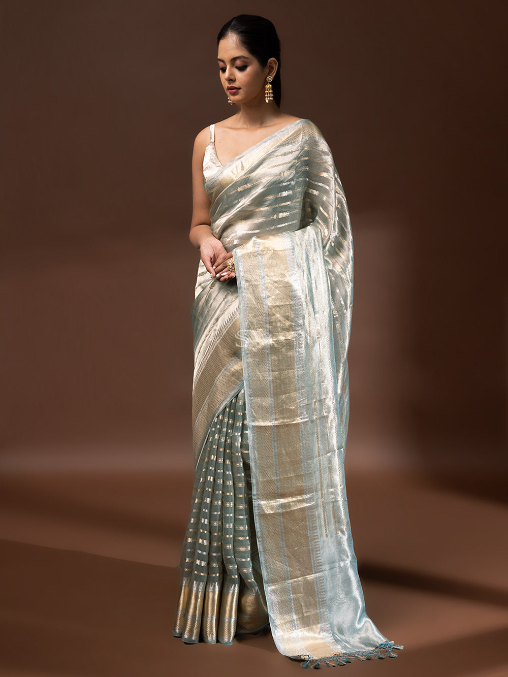 Sea Green Tissue Handloom Banarasi Saree - Sacred Weaves