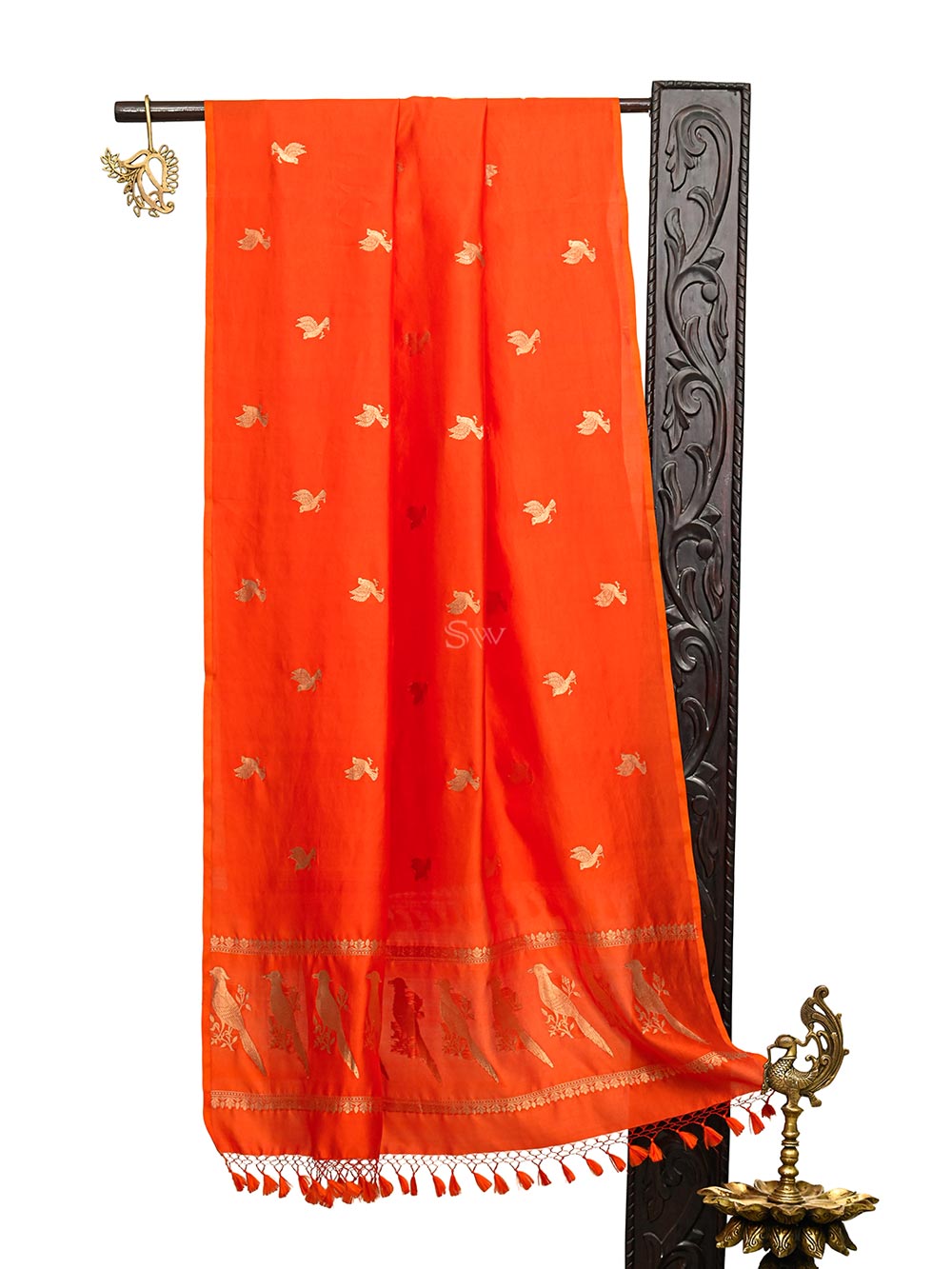 Dark Orange Shikargah Katan Silk Handloom Banarasi Dupatta - Sacred Weaves