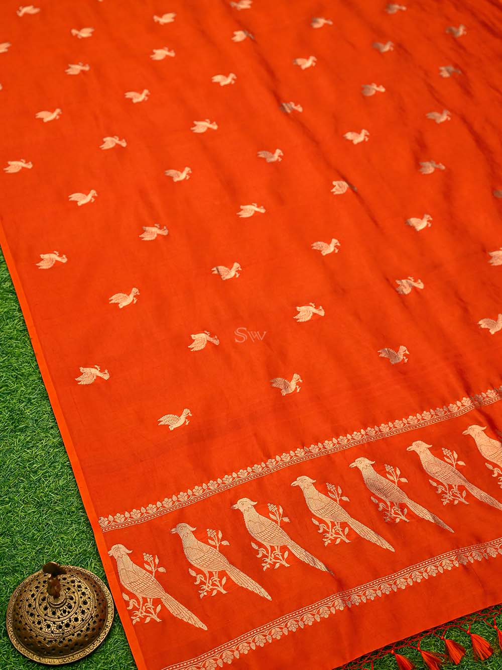 Dark Orange Shikargah Katan Silk Handloom Banarasi Dupatta - Sacred Weaves