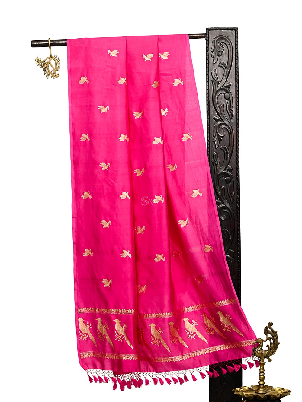 Dark Pink Shikargah Katan Silk Handloom Banarasi Dupatta - Sacred Weaves