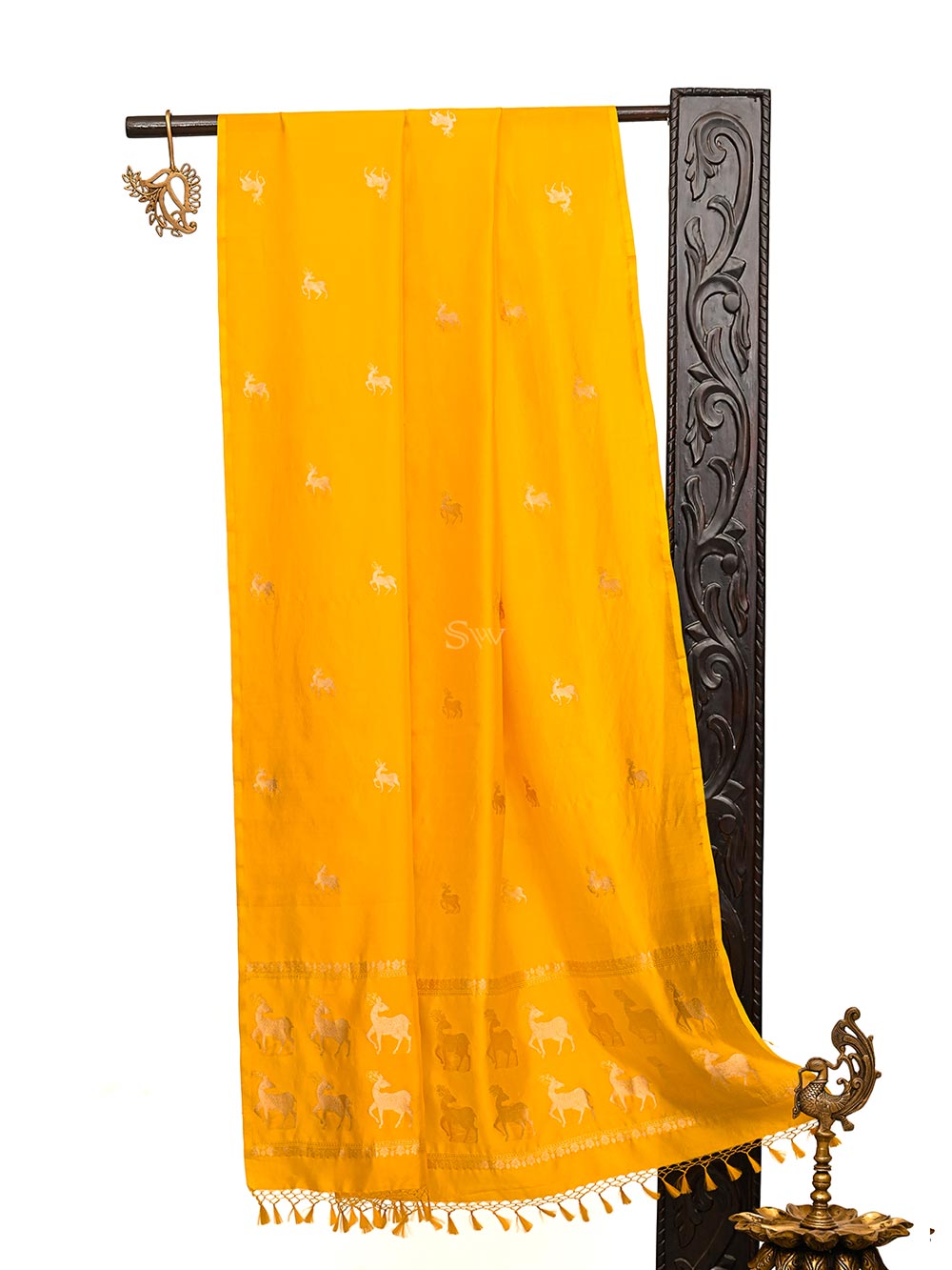 Yellow Shikargah Katan Silk Handloom Banarasi Dupatta - Sacred Weaves