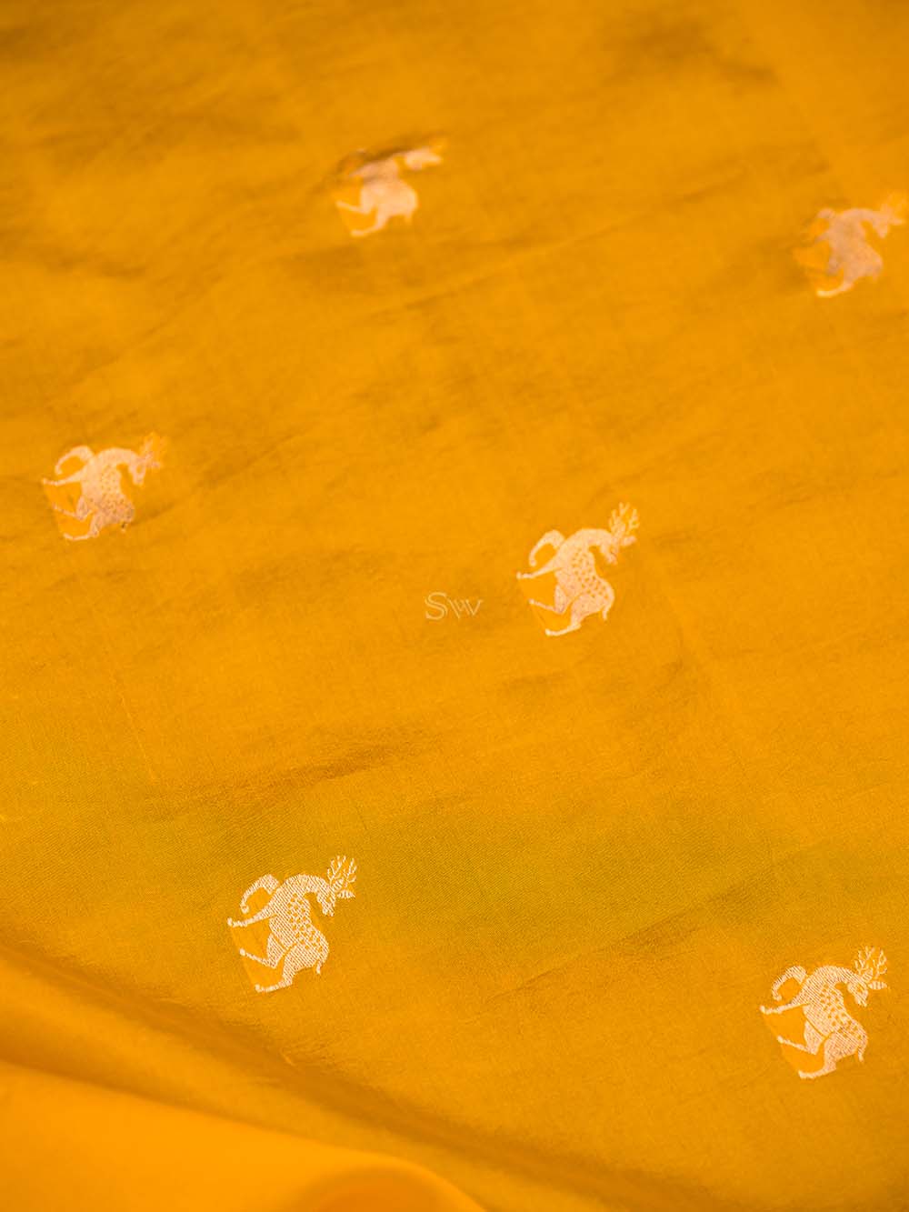 Yellow Shikargah Katan Silk Handloom Banarasi Dupatta - Sacred Weaves