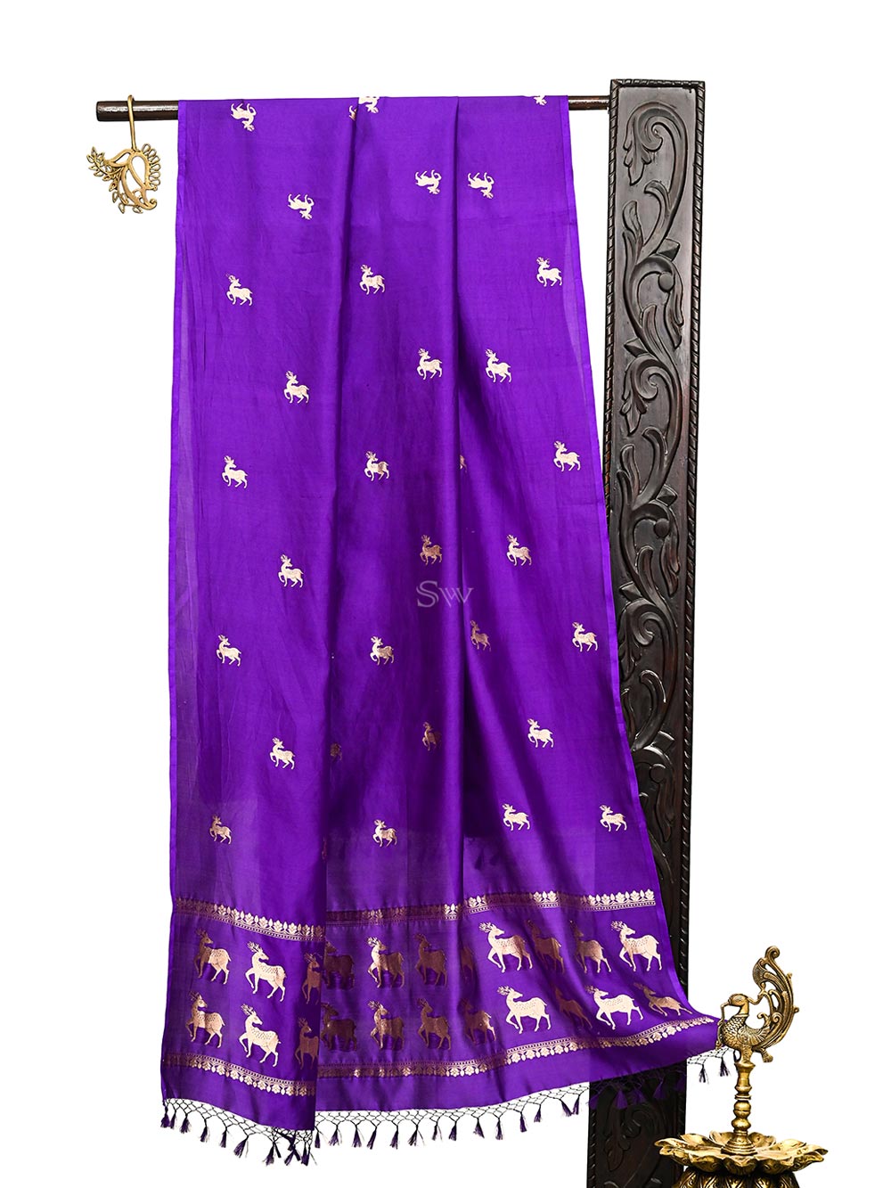 Purple Shikargah Katan Silk Handloom Banarasi Dupatta - Sacred Weaves