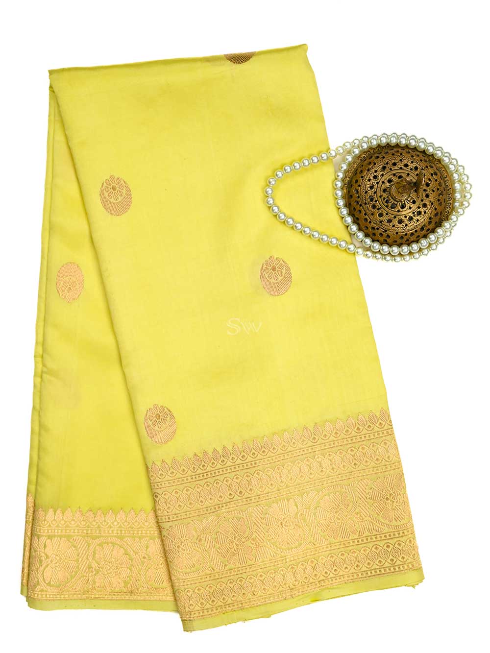Lime Yellow Booti Katan Silk Handloom Banarasi Saree