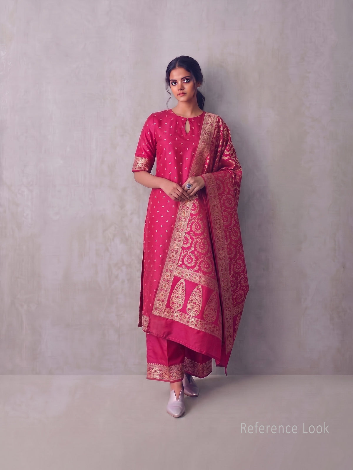 Dark Pink Meenakari Booti Katan Silk Handloom Banarasi Suit - Sacred Weaves