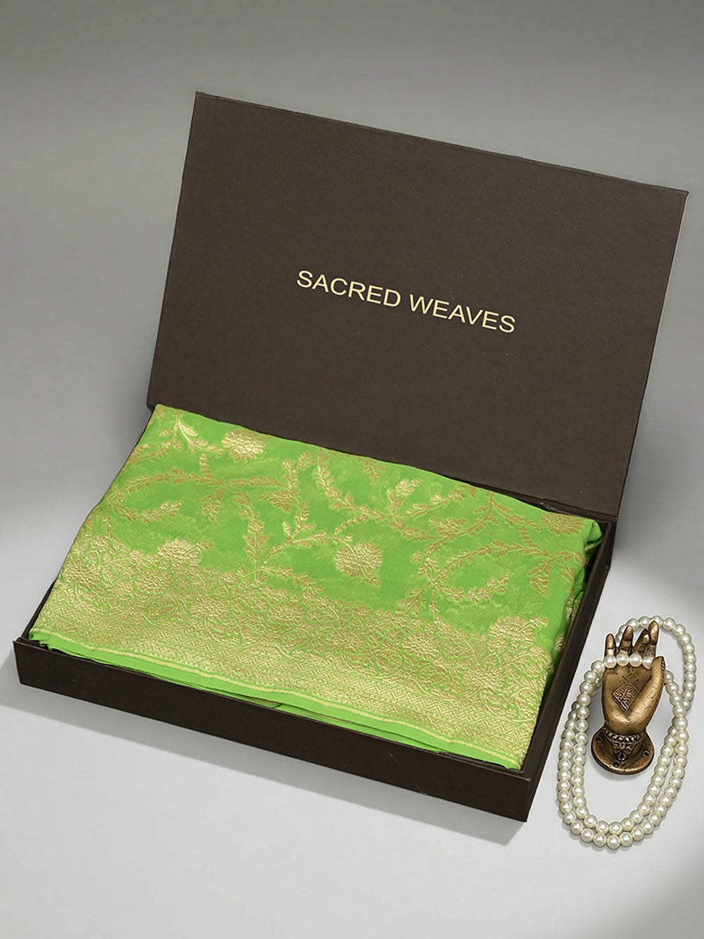 Parrot Green Jaal Khaddi Georgette Handloom Banarasi Saree - Sacred Weaves