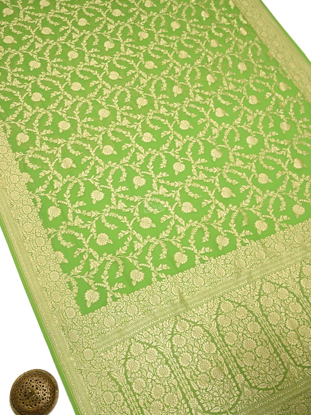Parrot Green Jaal Khaddi Georgette Handloom Banarasi Saree - Sacred Weaves