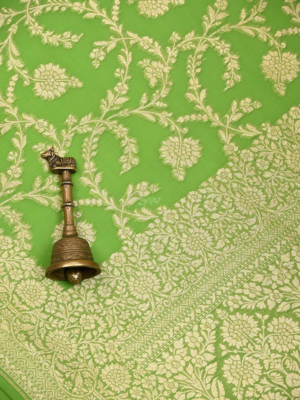 Parrot Green Jaal Khaddi Georgette Handloom Banarasi Saree - Sacred Weaves