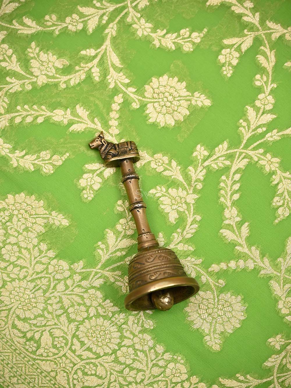 Parrot Green Jaal Khaddi Georgette Handloom Banarasi Saree - Sacred Weaves