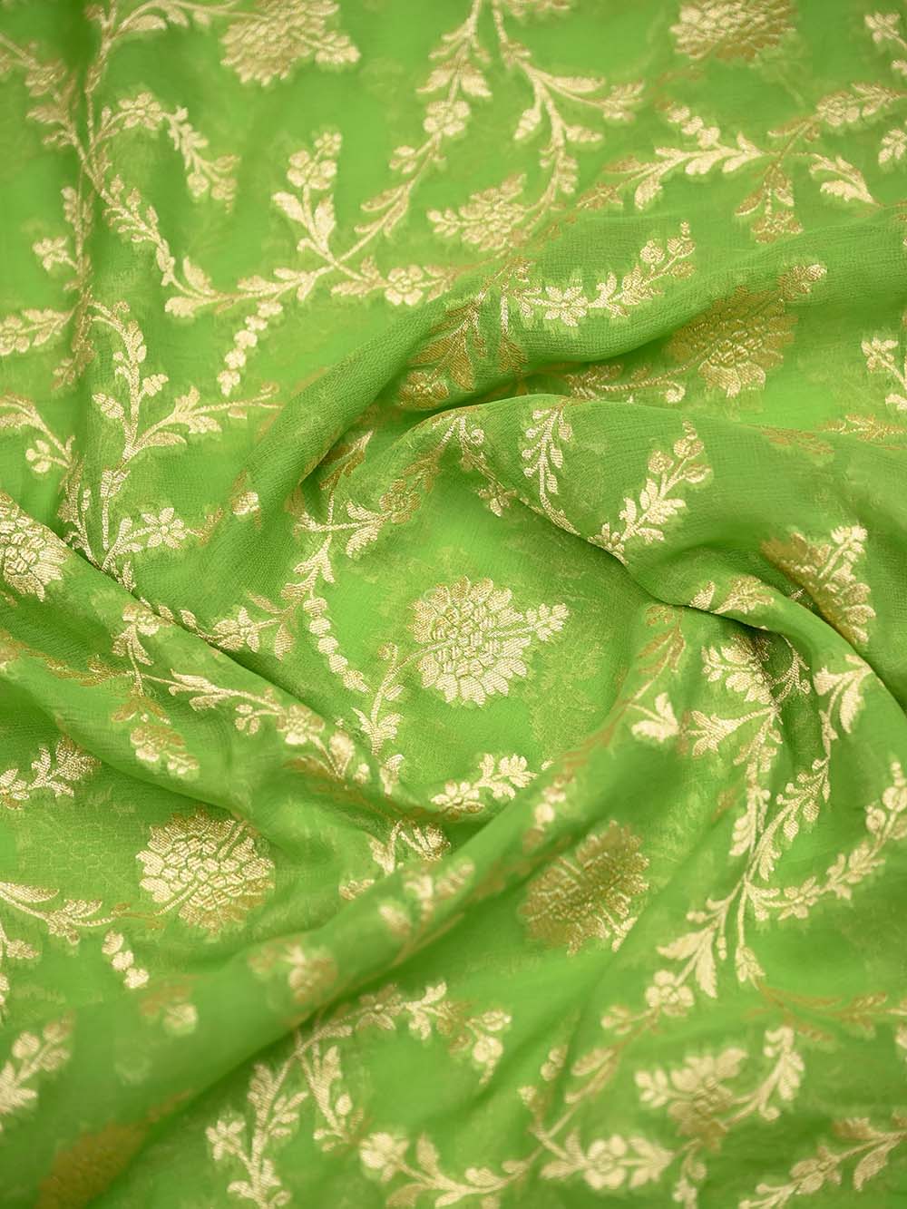 Parrot Green Jaal Khaddi Georgette Handloom Banarasi Saree - Sacred Weaves