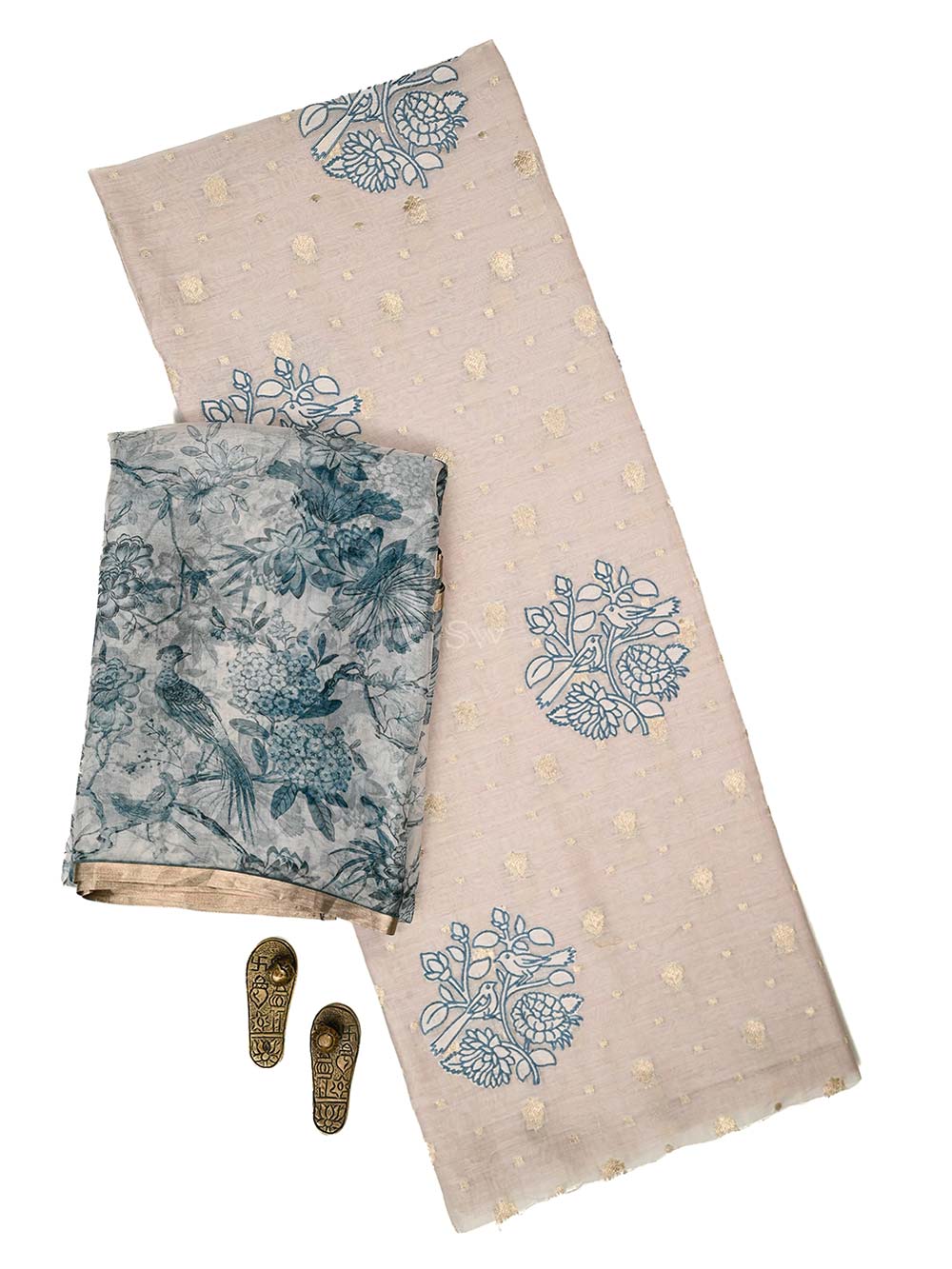 Off White Booti Cotton Silk Handloom Banarasi Suit - Sacred Weaves