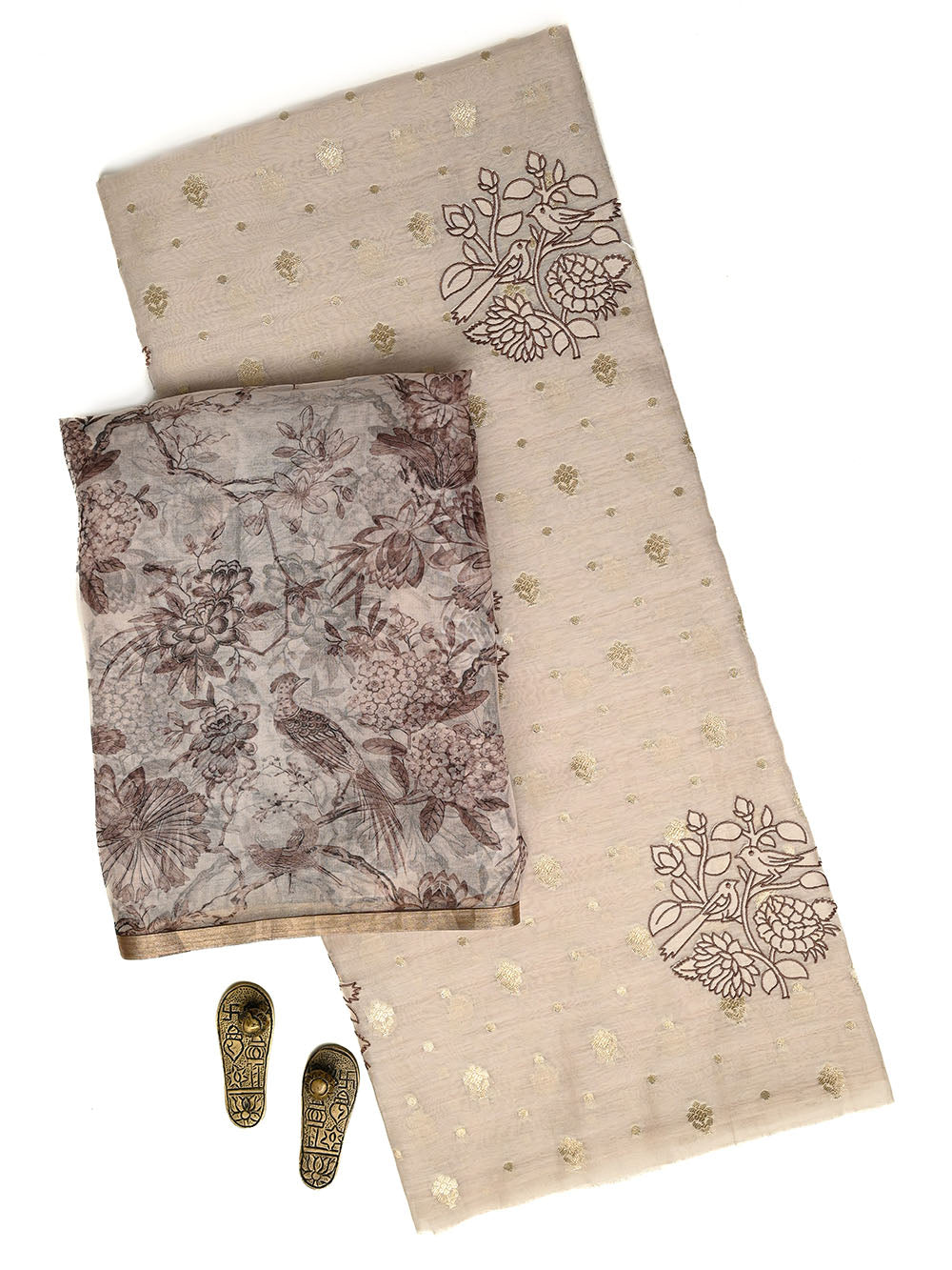 Off White Booti Cotton Silk Handloom Banarasi Suit - Sacred Weaves