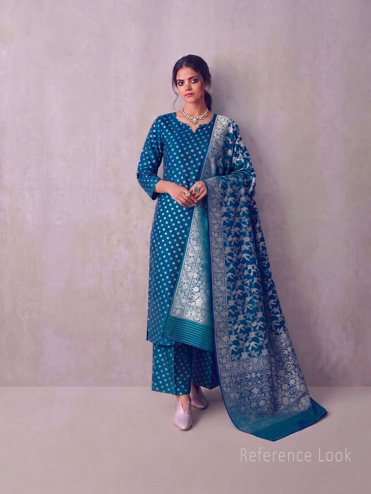 Blue Green Booti Katan Silk Handloom Banarasi Suit - Sacred Weaves