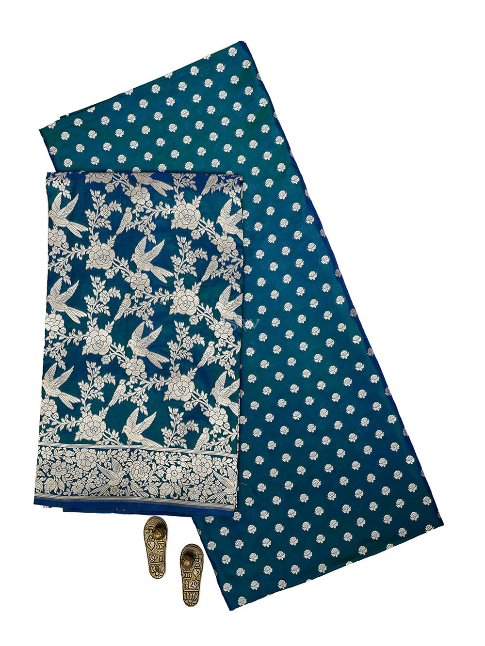 Blue Green Booti Katan Silk Handloom Banarasi Suit - Sacred Weaves