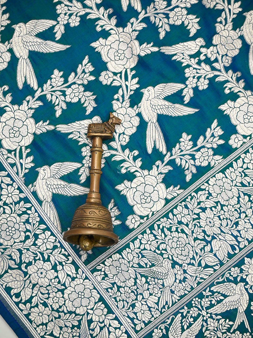 Blue Green Booti Katan Silk Handloom Banarasi Suit - Sacred Weaves