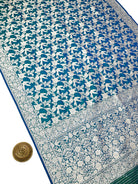 Blue Green Booti Katan Silk Handloom Banarasi Suit - Sacred Weaves