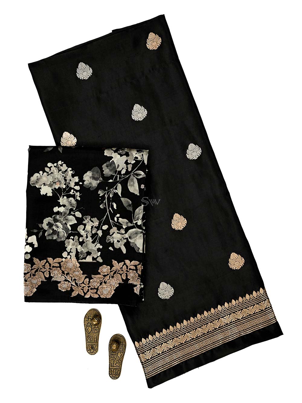 Black Booti Katan Silk Handloom Banarasi Suit - Sacred Weaves