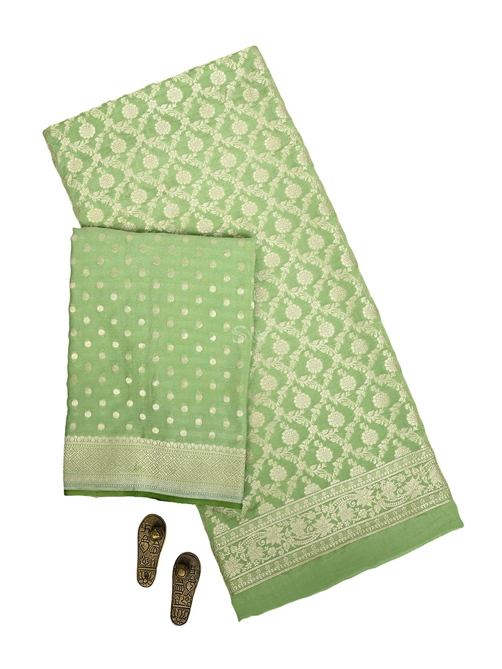 Pista Green Jaal Crepe Silk Handloom Banarasi Suit
