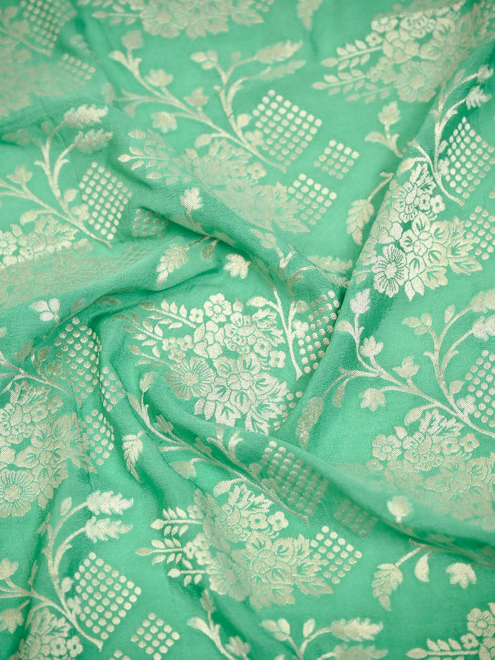 Sea Green Jaal Crepe Silk Handloom Banarasi Suit - Sacred Weaves