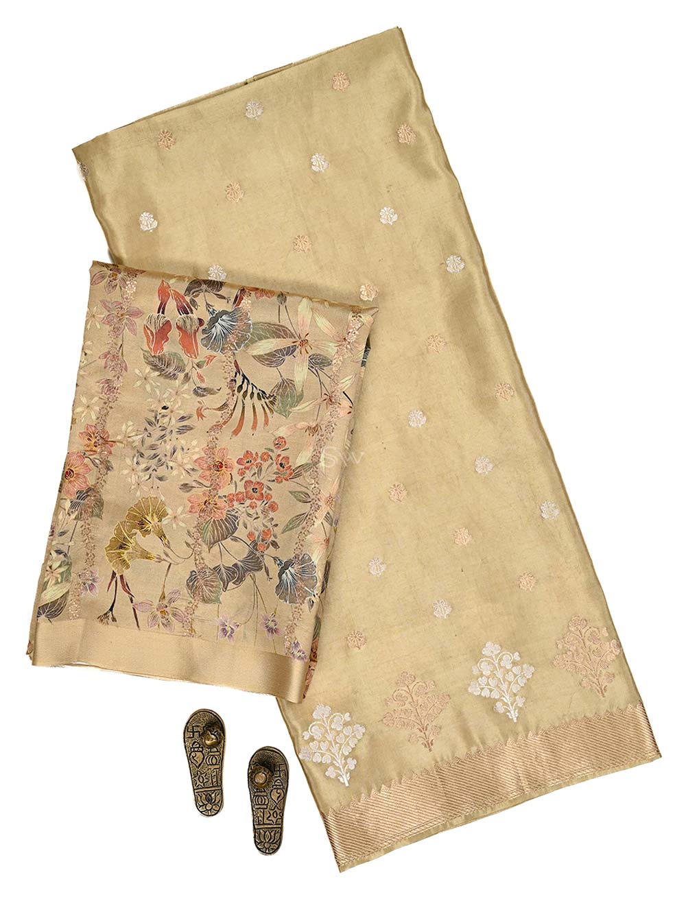 Dark Beige Booti Katan Silk Handloom Banarasi Suit - Sacred Weaves