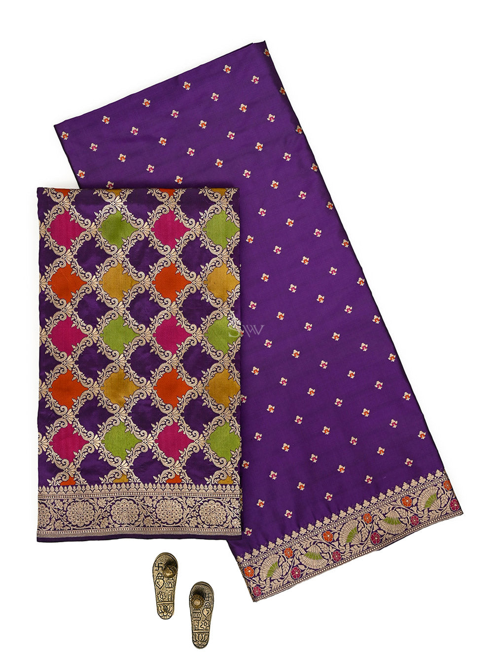 Dark Purple Meenakari Booti Katan Silk Handloom Banarasi Suit - Sacred Weaves