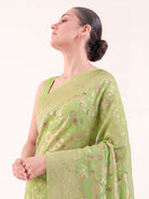 Pista Green Meenakari Jaal Khaddi Georgette Handloom Banarasi Saree - Sacred Weaves
