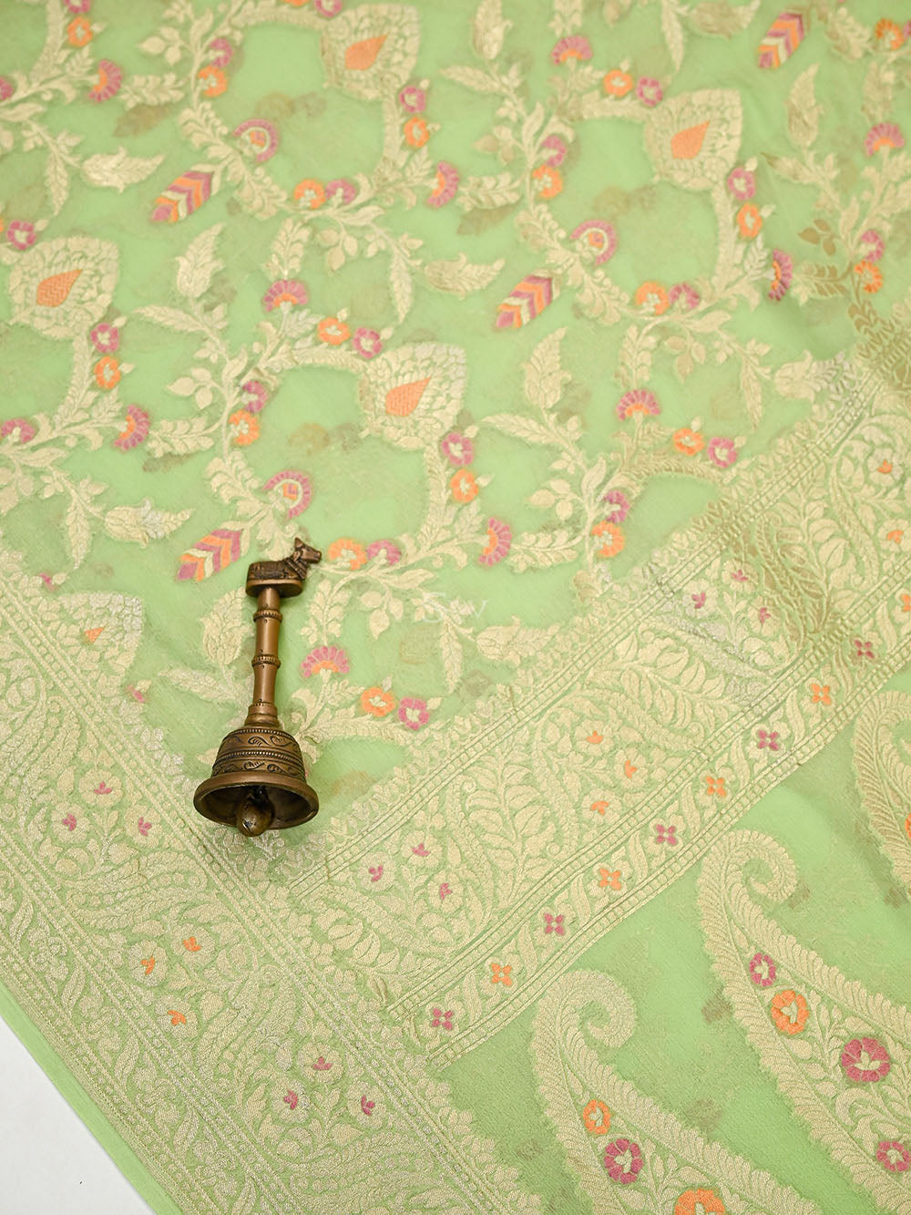 Pista Green Meenakari Jaal Khaddi Georgette Handloom Banarasi Saree - Sacred Weaves