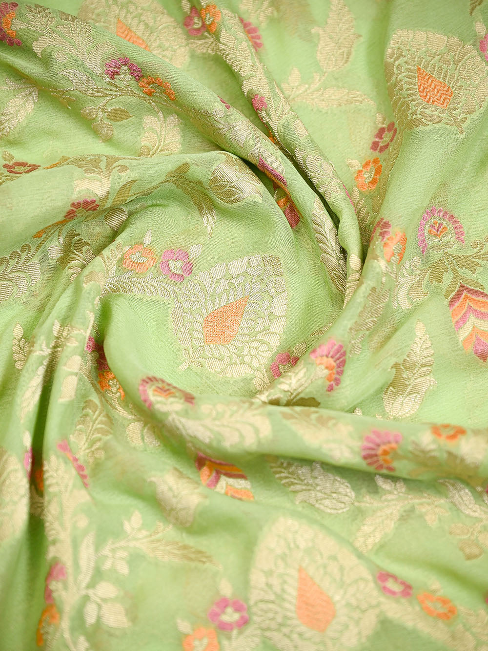 Pista Green Meenakari Jaal Khaddi Georgette Handloom Banarasi Saree - Sacred Weaves