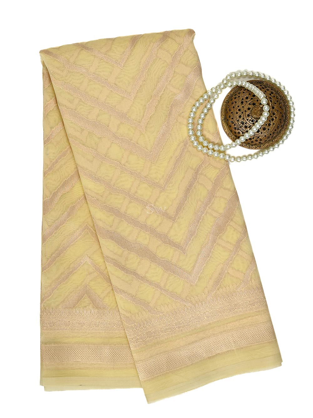 Yellow Stripe Organza Handloom Banarasi Saree - Sacred Weaves