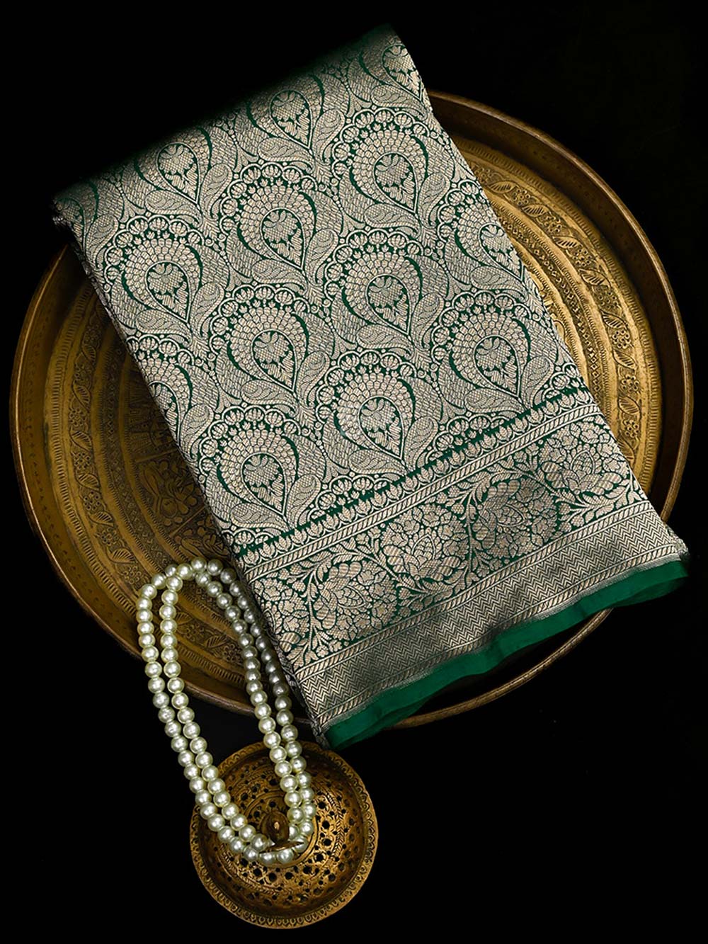 Bottle Green Silk Brocade Handloom Banarasi Saree - Sacred Weaves