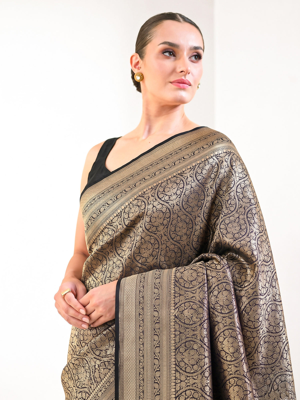 Black Zari Jaal Silk Brocade Handloom Banarasi Saree - Sacred Weaves
