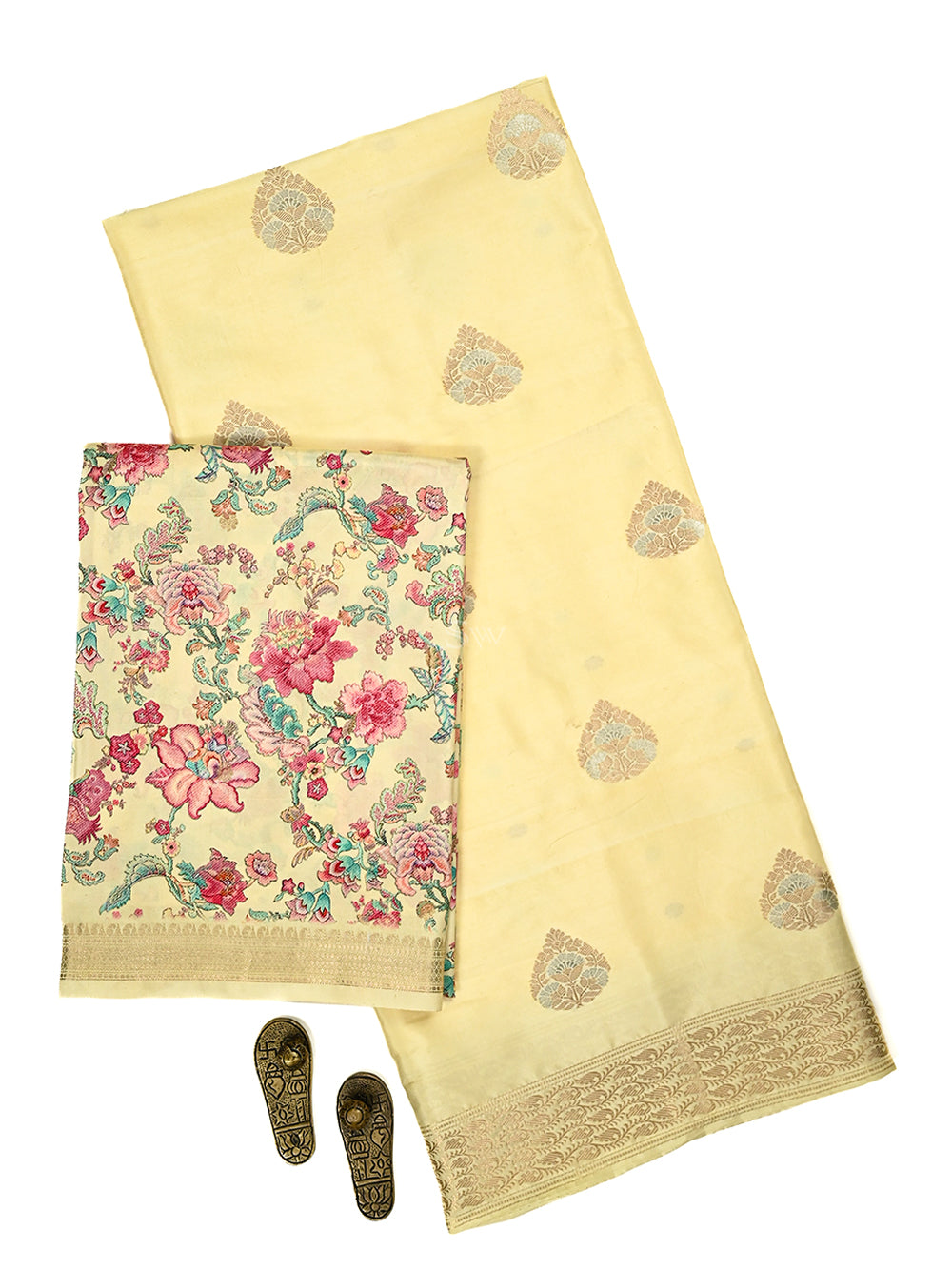 Cream Boota Katan Silk Handloom Banarasi Suit - Sacred Weaves