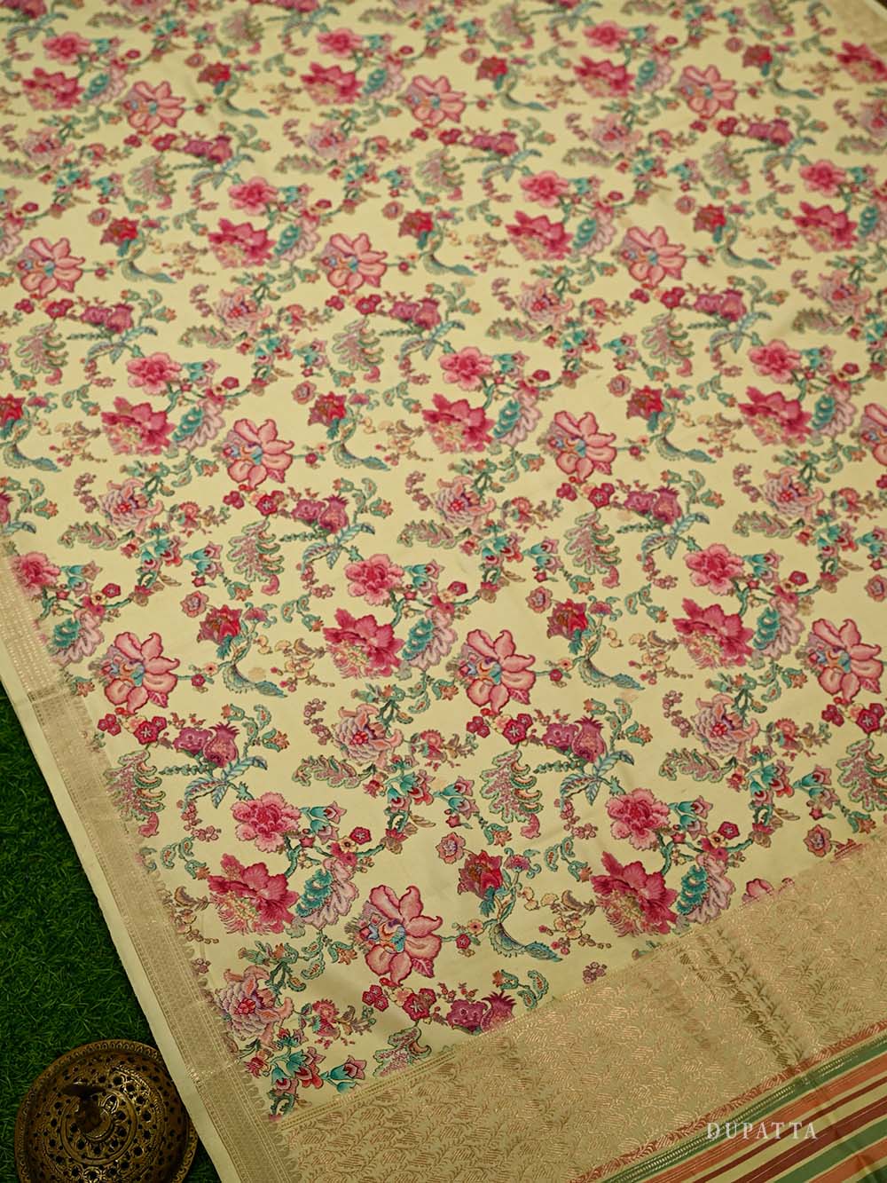 Cream Boota Katan Silk Handloom Banarasi Suit - Sacred Weaves