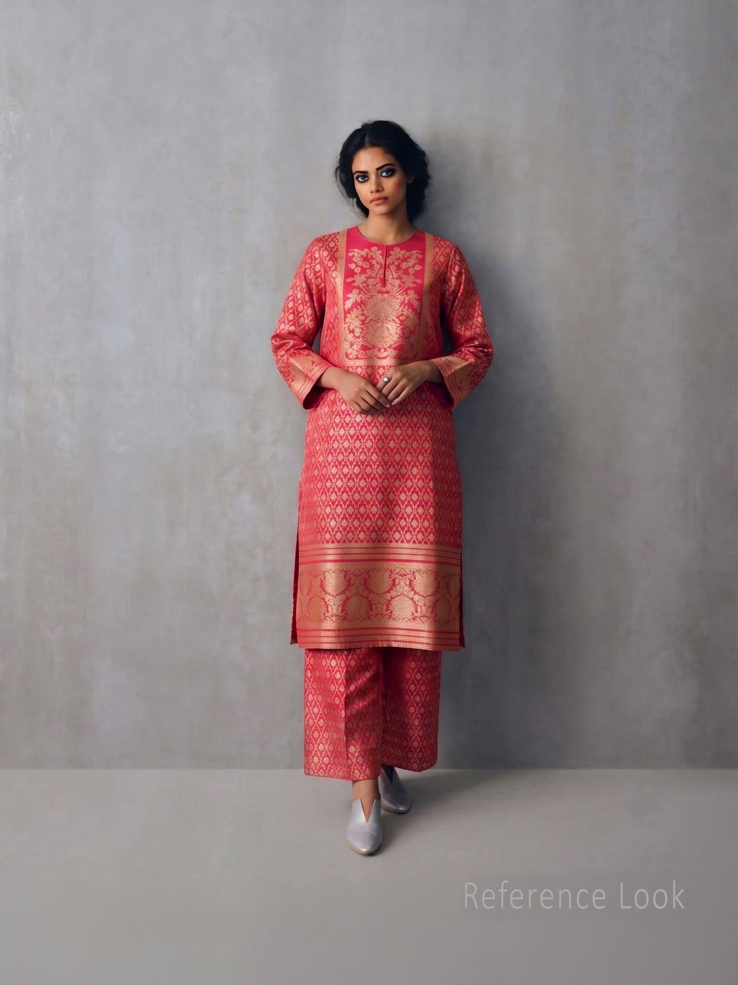 Pink Orange Jaal Katan Silk Handloom Banarasi Suit - Sacred Weaves
