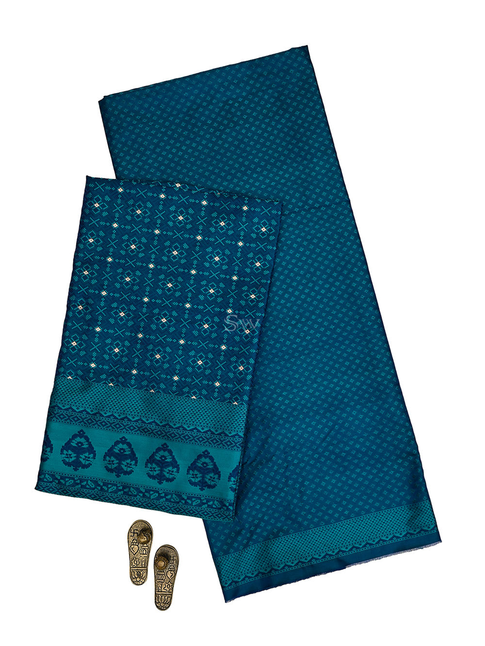 Blue Green Satin Tanchoi Silk Handloom Banarasi Suit - Sacred Weaves