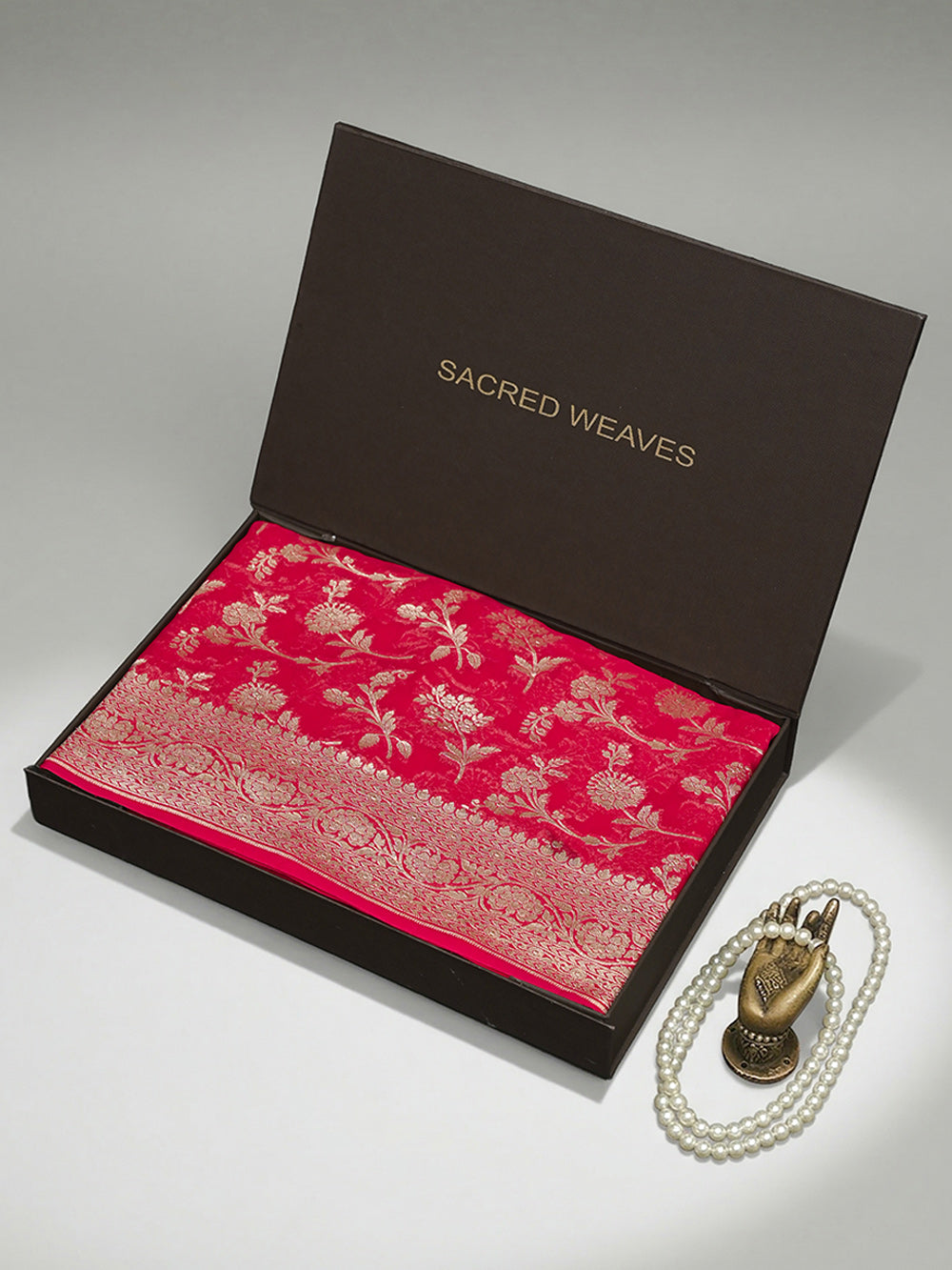 Reddish Pink Jaal Khaddi Georgette Handloom Banarasi Saree - Sacred Weaves