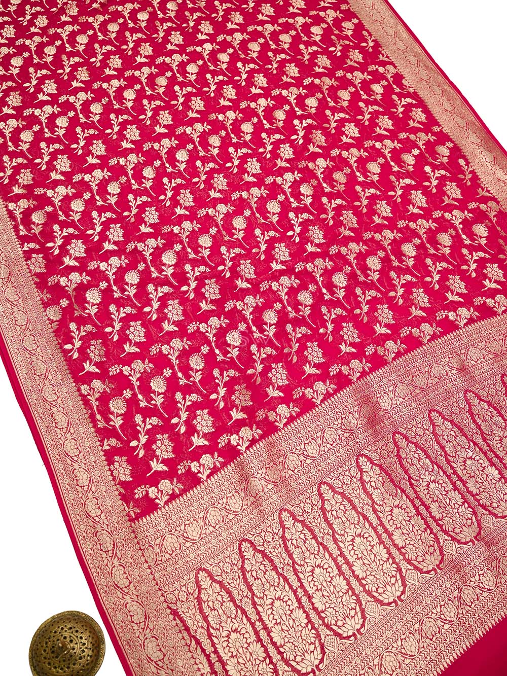 Reddish Pink Jaal Khaddi Georgette Handloom Banarasi Saree - Sacred Weaves